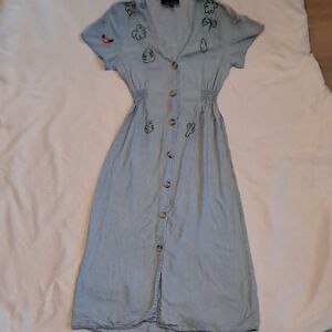 Light Blue Embroidered Button Up Dress With Custom Embroidery